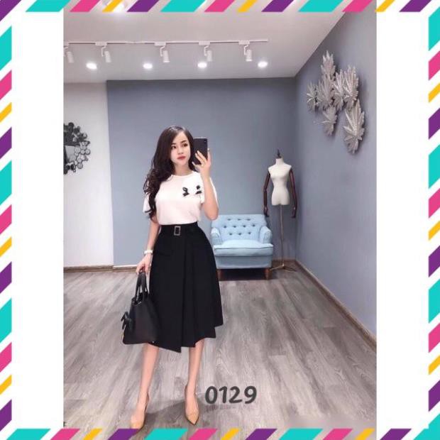 {GIÁ TẠI XƯỞNG} Chân Váy xếp ly đai chữ nhậtiêu Xinh 2 màu đen/ kem