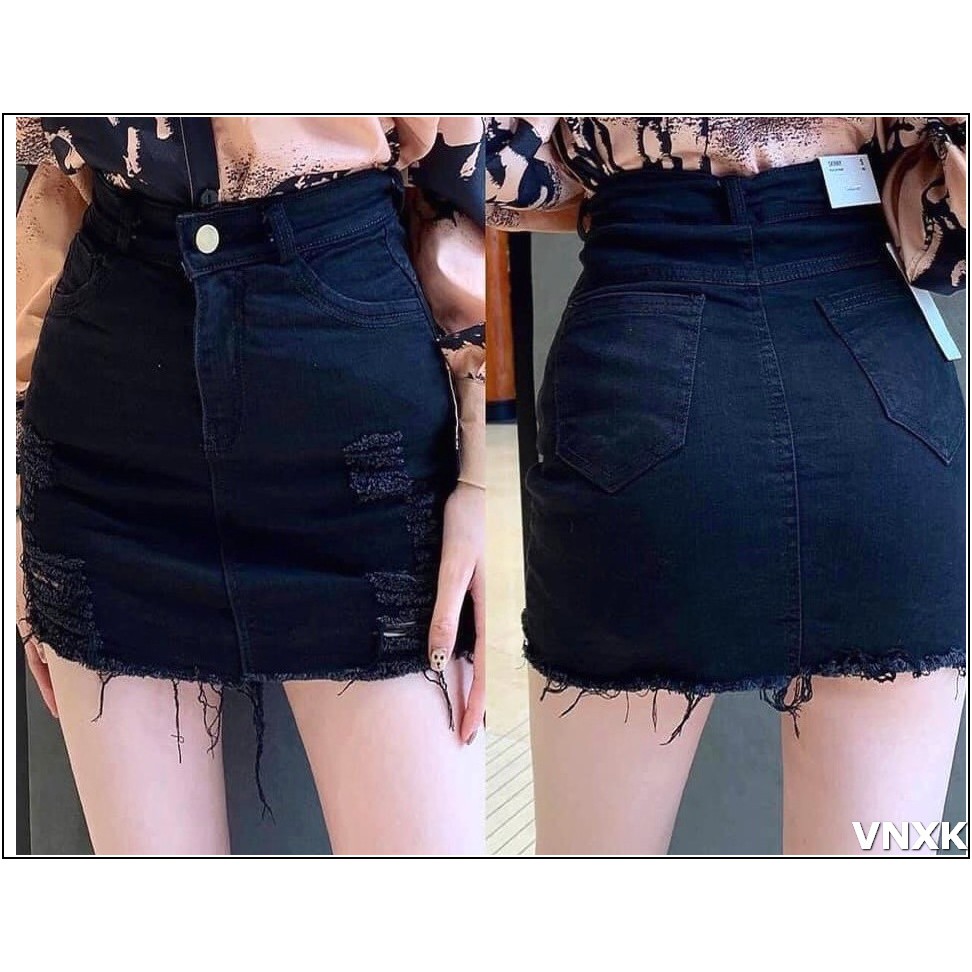 chân váy jean nữ rách ĐEN - TRẮNG SIÊU XINH -V1V1