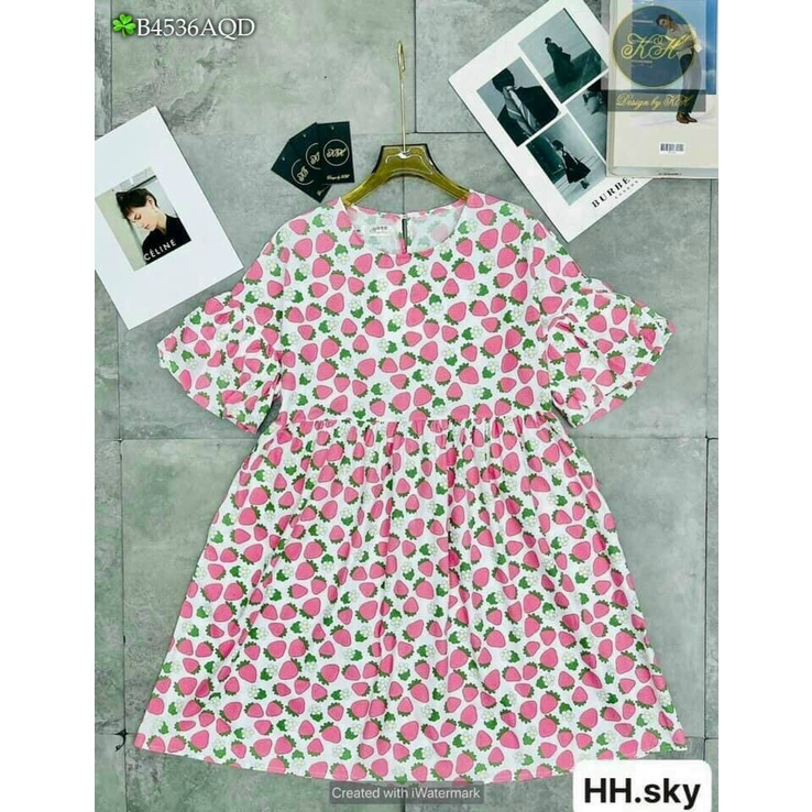 Đầm babydoll in trái dâu cổ tròn tay phồng,đầm xoè tiểu thư dành cho nàng bầu xinh xắn,đầm midi in dâu đi biển dễ thương