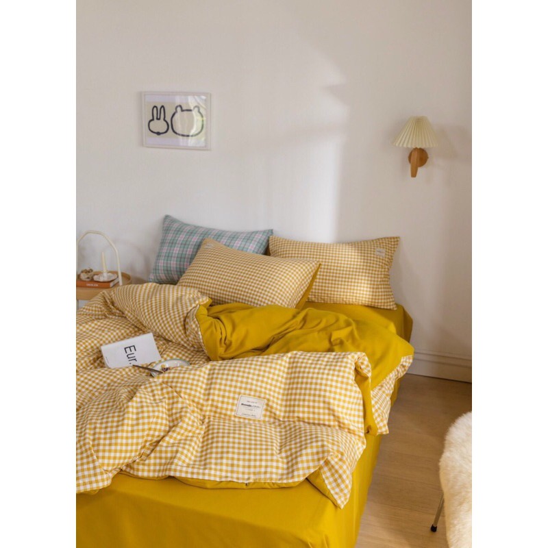 Set chăn ga cotton tici phối kẻ caro