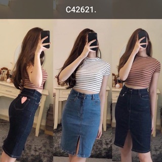 Chân váy jeans bút chì xẻ trước siu xinh