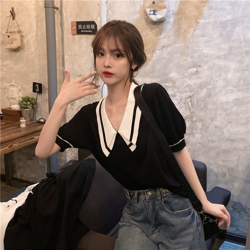 Áo dệt kim ZHELIHANGFEI tay ngắn cổ búp bê màu tương phản phong cách phương Tây thời trang mùa hè 2022 cho nữ