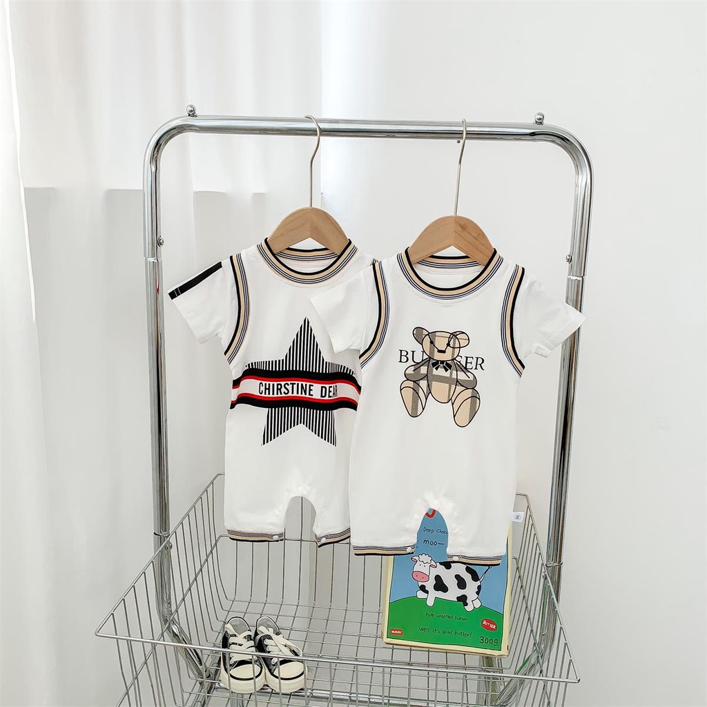 Bộ Áo Liền Quần Vải Cotton Tay Ngắn Phối Lưới Thoáng Khí In Họa Tiết Hoạt Hình Dễ Thương Cho Bé Sơ Sinh