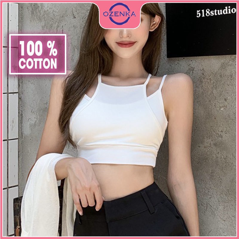 Áo croptop ôm thun 4 dây nữ OZENKA 2 lớp chất vải thun gân đẹp 100% cotton cao cấp màu đen trắng freesize dưới 50 cân