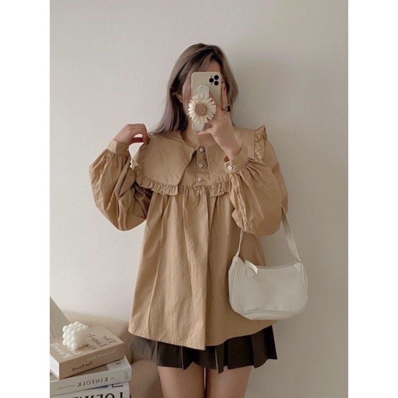 [XẢ KHO] Áo sơ mi nữ form rộng phối cổ bèo trẻ trung chất đũi mát mùa hè - PANOSI - Mã A259