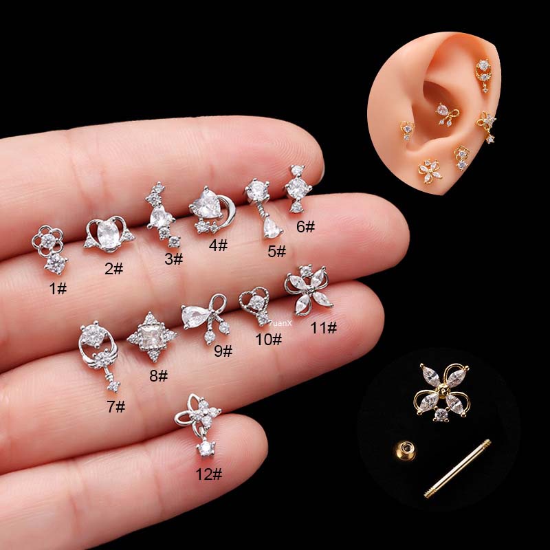 1 Khuyên Tai Hình Trái Tim Đôi Bằng Thép Không Gỉ 20Gauge Đính Đá Zircon