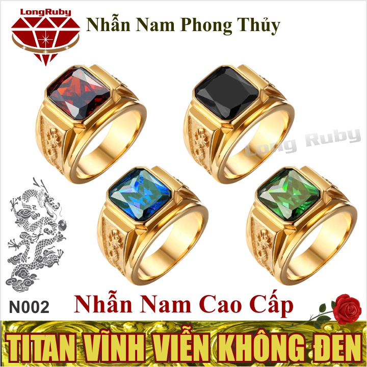 Nhẫn nam rồng Titan mạ vàng đá xanh dương, đỏ, đen, xanh lá - N002