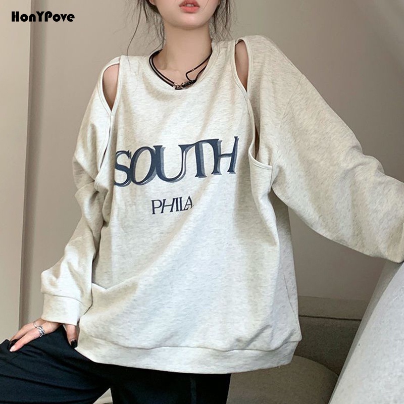 Honypove Áo Nỉ Nữ Dài Tay Trễ Vai Form Rộng Thời Trang Hàn