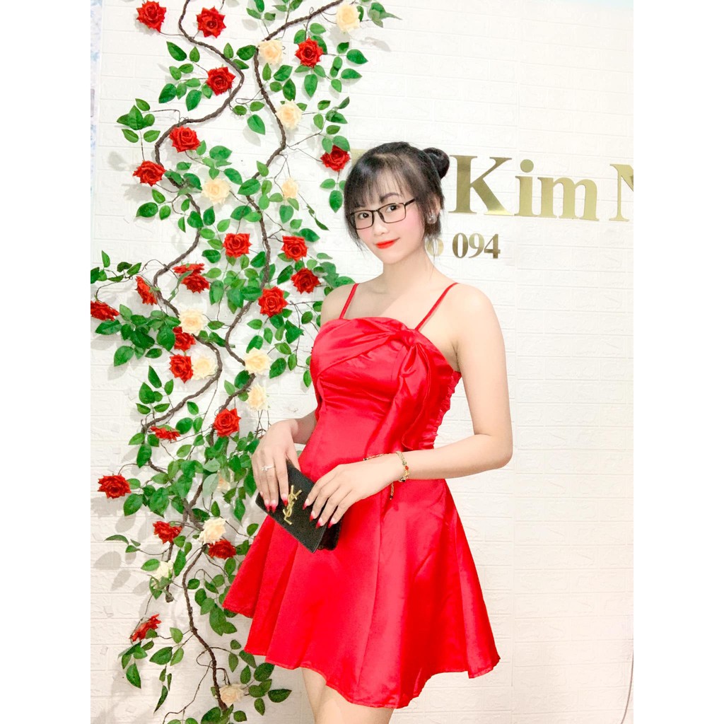 Đầm đỏ hai dây vintage chất phi bóng mịn ko xù, Đầm dự tiệc ( kèm ảnh thật)