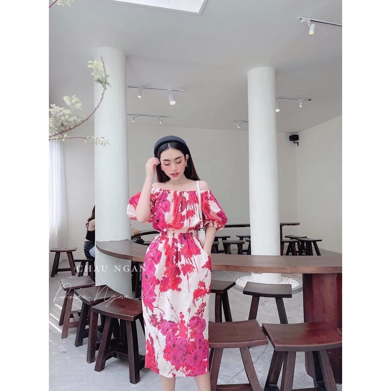 Váy trễ vai hoạ tiết nơ lưng (ảnh thật)