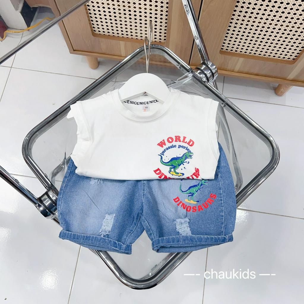 [SALE] Đồ Bộ Cho Bé Trai Áo Cotton Quần Jeans In Khủng Long, Bộ Quần Áo Cộc Tay Hến Hàn Quốc Cho Bé Mặc Hè CK341