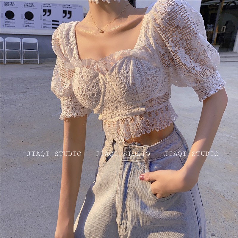 JANE'S Áo croptop cổ vuông tay phồng  tiểu thư  CHẤT VOAN LƯỚI QUYẾN RŨ cực hot hit thời thượng T2