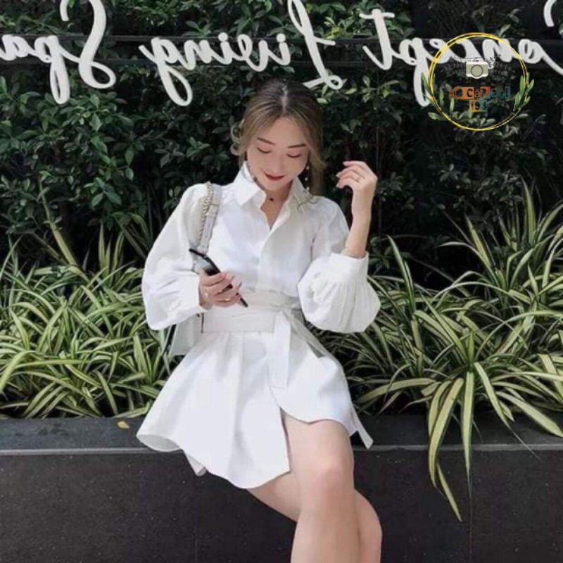 Set bộ: Áo sơmi form dài + thắt lưng obi + Quần short