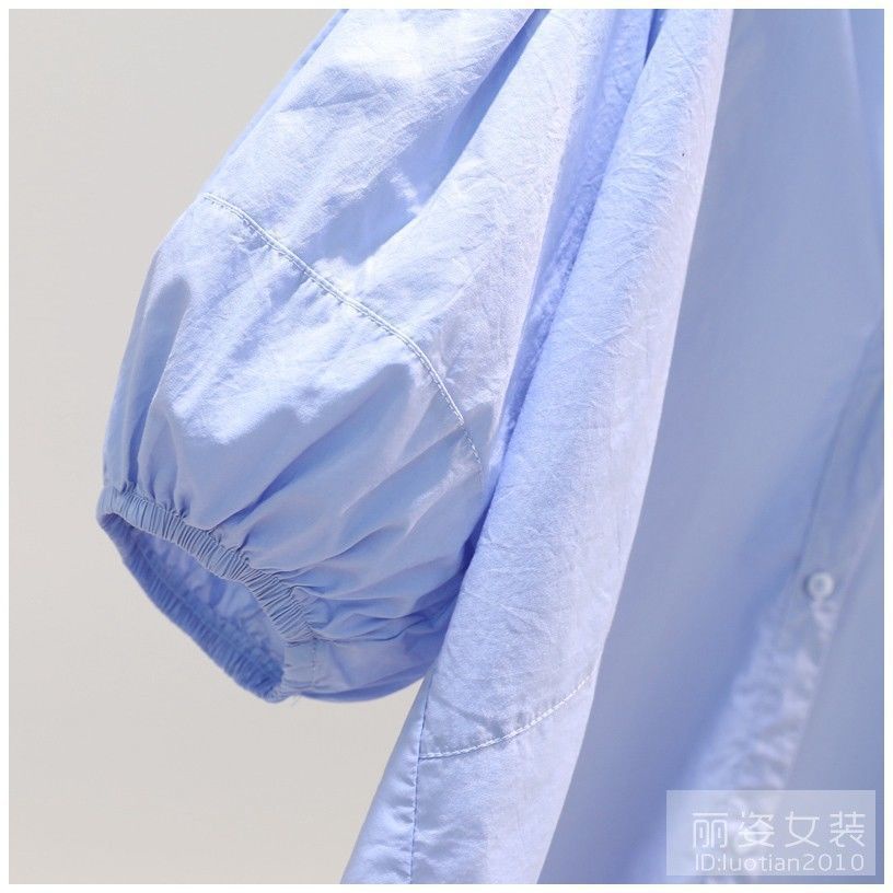 Áo Sơ Mi Cotton Tay Phồng Cổ Đứng Dáng Rộng Màu Xanh Dương Nhạt Phong Cách Hàn Quốc Thời Trang Mùa Hè Cho Nữ