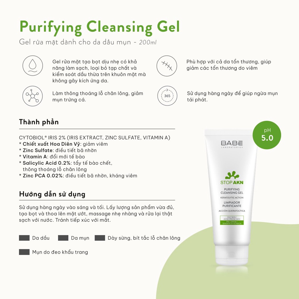 Sữa Rửa Mặt Cho Da Dầu Mụn Babé Stop Akn Purifying Cleansing Gel