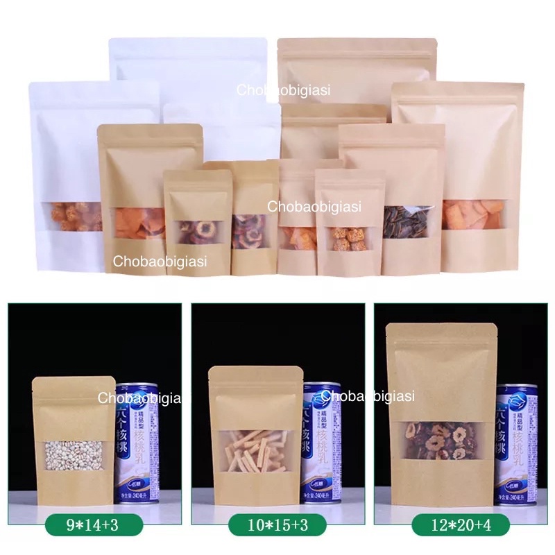 {1kg/ size} Túi zip giấy Kraft Vàng đáy đứng cửa sổ tràn có CÁN MÀNG - CHỐNG THẤM NƯỚC (có sẵn 12 size - sp y hình)