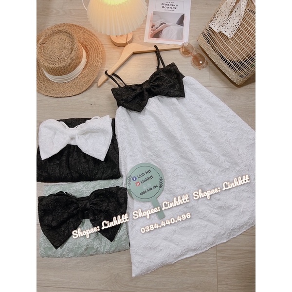 Váy 2 dây gấm babydoll nơ ngực freesize