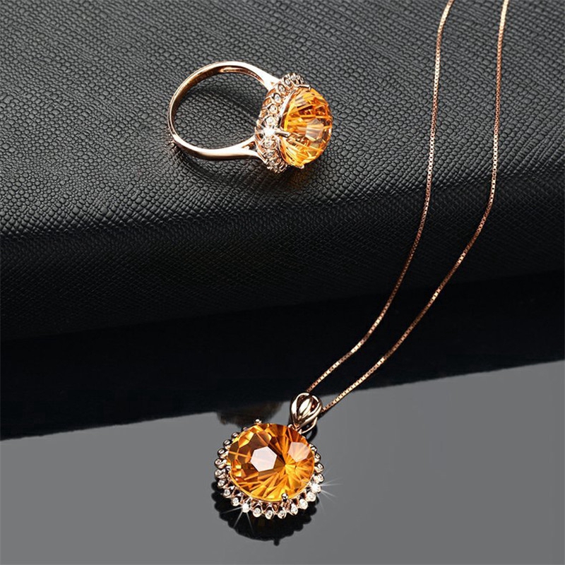 Mới Pha Lê Có Thể Điều Chỉnh Vòng Mặt Dây Chuyền Bộ Hoa Hồng Vàng Đá Quý Vòng Cổ