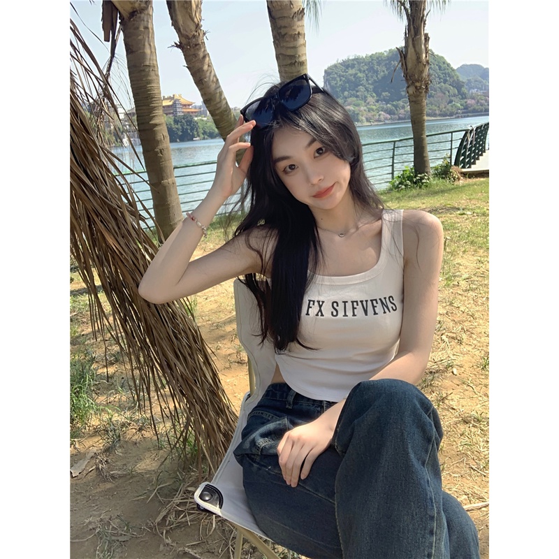 Áo hai dây dáng ôm vừa vặn in chữ cá tính phong cách Hàn Quốc ngọt ngào trẻ trung cho nữ