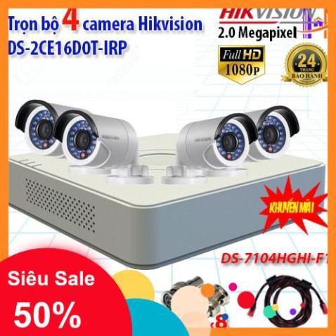 Camera Cao Cấp - Trọn bộ 4 camera Hikvision DS-2CE16D0T-IRP (2MP) + DS-7104HGHI-F1