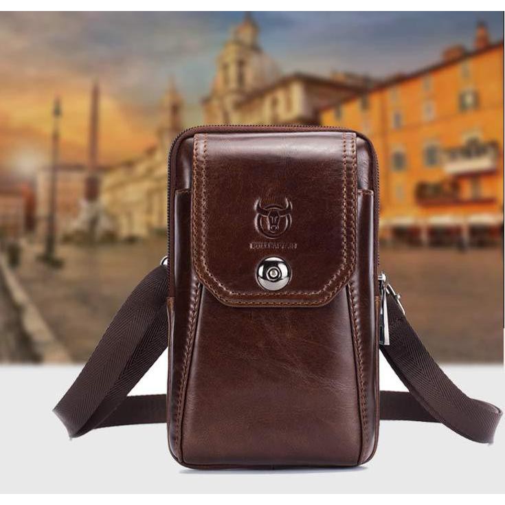 Túi đeo hông, túi đeo thắt lưng  đựng điện thoại DA BÒ THẬT Màu Nâu có dây để đeo chéo - Bullcaptain T15 | BigBuy360 - bigbuy360.vn
