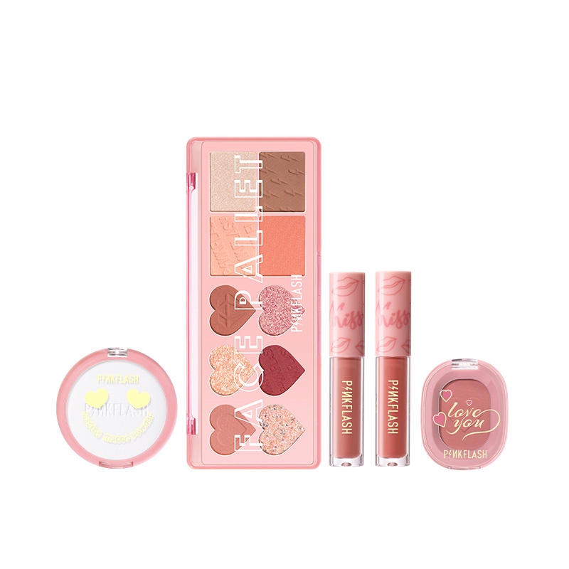 Bộ 5 món có bảng phấn mắt+phấn phủ+má hồng+son môi lì mịn PINKFLASH sắc tố cao màu hồng phiên bản tình yêu 200g