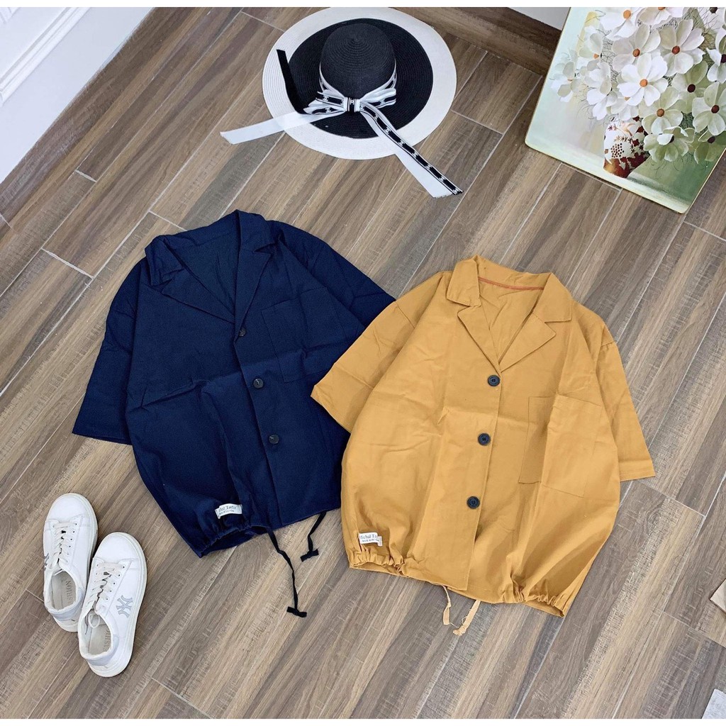 Sơ mi cổ vest KA Closet Chất kaki mềm co dãn, rút gấu, dáng ulzzang freesize form rộng unisex 2 màu: Than, vàng nghệ