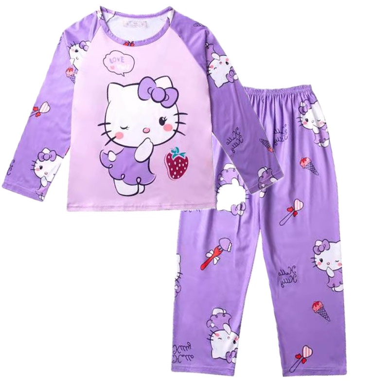 Bộ đồ ngủ tay dài cổ tròn thoáng khí in họa tiết hoạt hình cho bé trai và bé gái