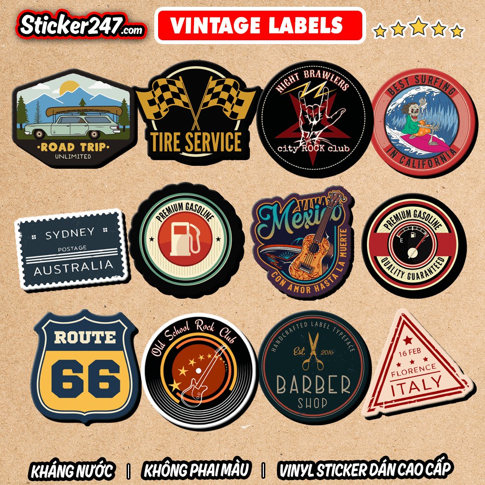 Sticker Vintage Labels 🌈𝑭𝒓𝒆𝒆𝒔𝒉𝒊𝒑 Sticker Dán Mũ Bảo Hiểm, Dán Vali, Đàn Guitar - Hình Dán Chống Thấm Nước - Mix Chủ Đề