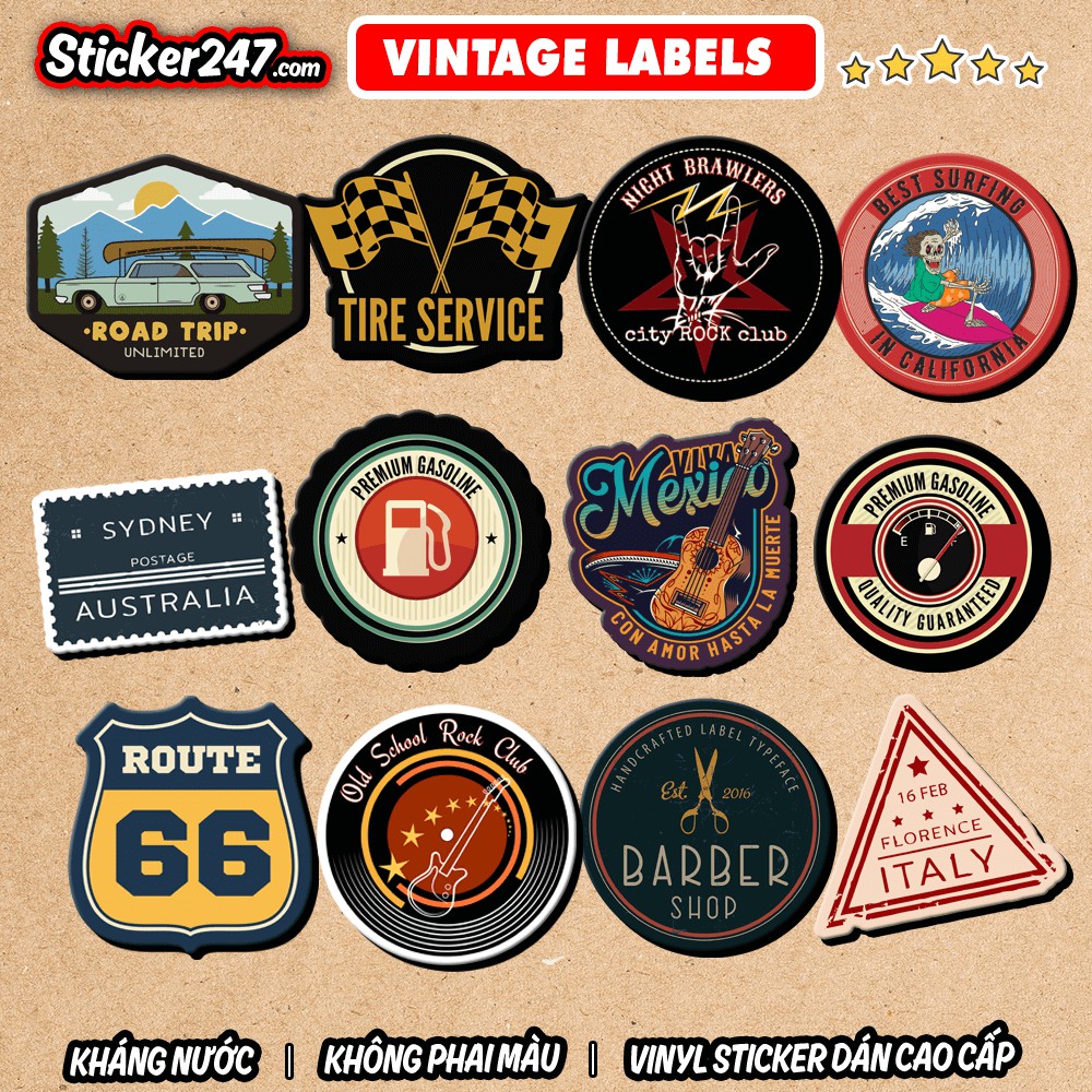 Sticker Vintage Labels 𝑭𝒓𝒆𝒆𝒔𝒉𝒊𝒑 Sticker Dán Mũ Bảo Hiểm, Dán Vali, Đàn Guitar - Hình Dán Chống Thấm Nước - Mix Chủ Đề