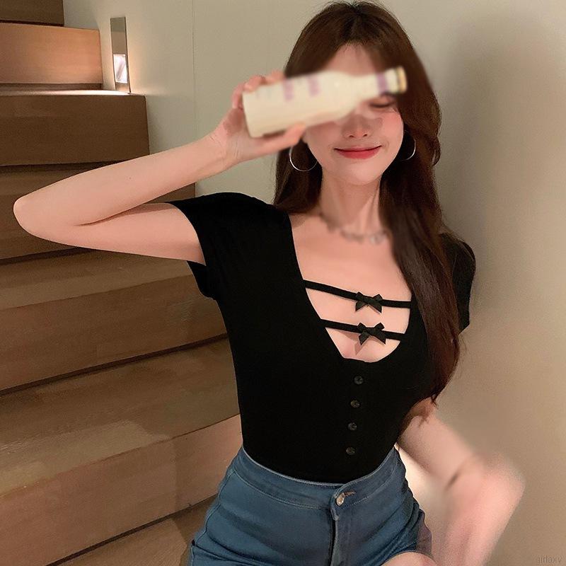 Áo Thun Ngắn Tay Phối Nơ Xinh Xắn Cho Nữ