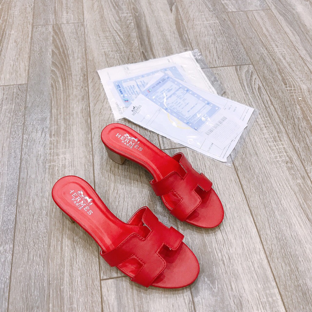 Guốc H gót gỗ 3p da đẹp Full box