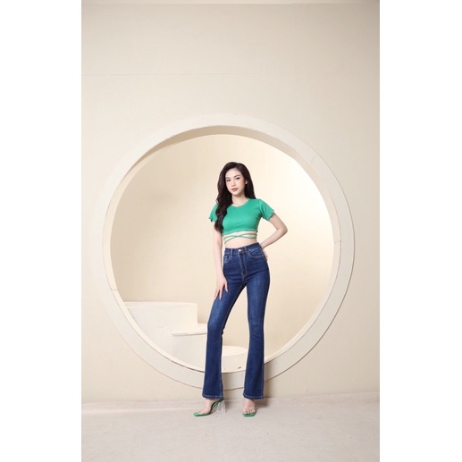 Quần Jean Nữ Ống Loe Lưng Cao Co Giãn Trơn Dài Quá Gót Gấu Thường CT Jeans