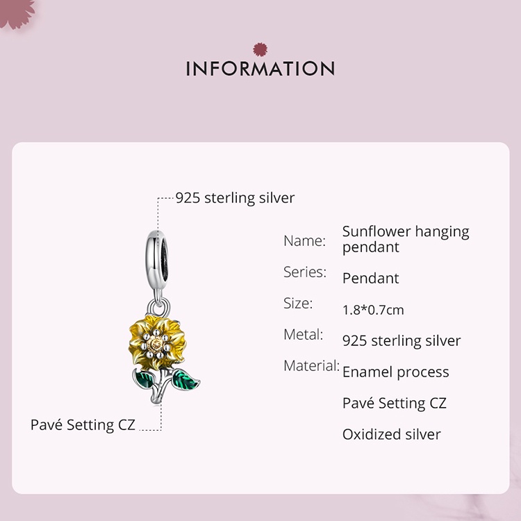 Mặt vòng cổ BAMOER bạc 925 hình hoa hướng dương thời trang cho nữ