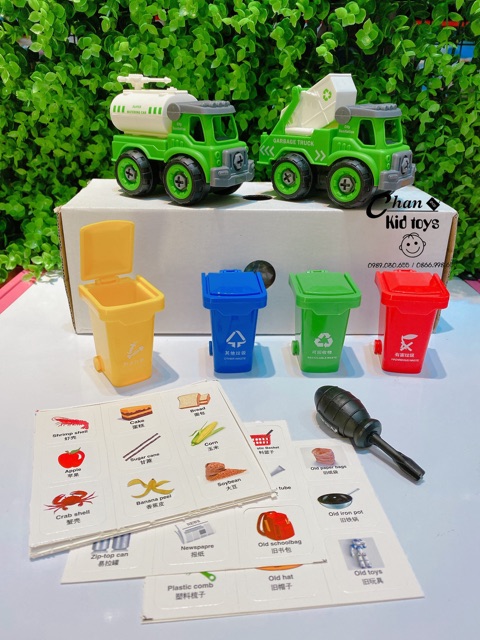 Bộ tháo lắp sửa chữa 2 xe tải kèm 4 thùng rác vệ sinh môi trường  cho bé