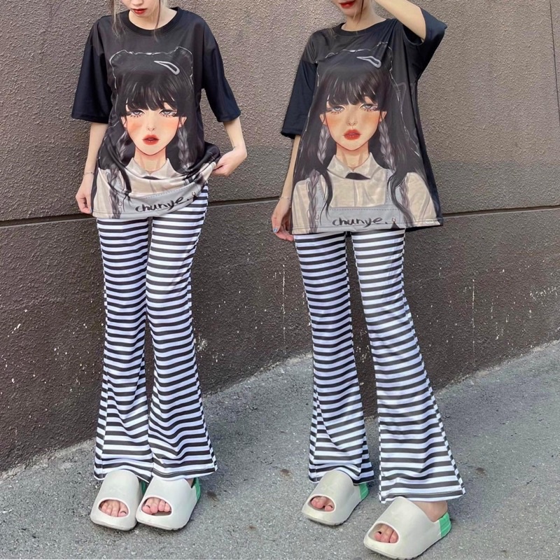 Set Quần Loe Sọc Áo Thun 3D Ảnh Thật