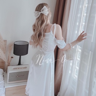 Váy Lụa 2 Dây Cổ Đổ Trễ Vai Thắt Nơ