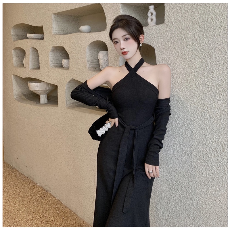 Set đồ COZOKC gồm đầm và áo khoác cardigan dáng ngắn phong cách cổ điển