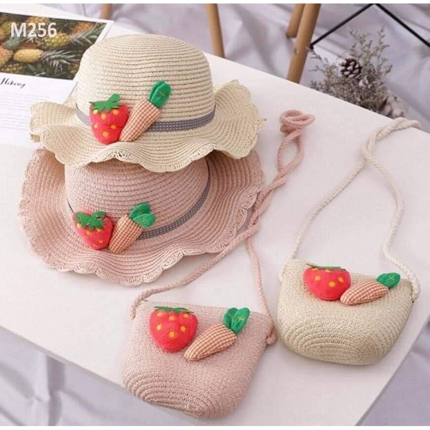 [Mã FAMAYFA2 giảm 10K đơn 50K] [HOT] Set mũ và túi cói cho bé gái vòng đầu 52-54cm, 2-6 tuổi.