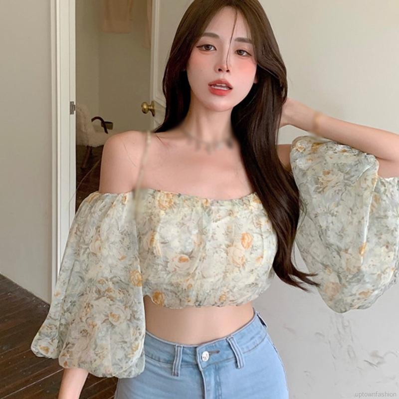 Áo Croptop Tay Dài Loe In Hoa Dễ Thương Thời Trang Mùa Hè Cho Nữ