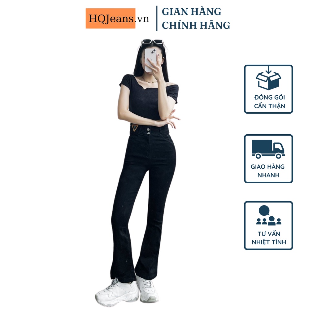 Quần jean quần ống loe HQJEANS cạp cao 2 khuy ống loe màu đen co dãn lai cuốn