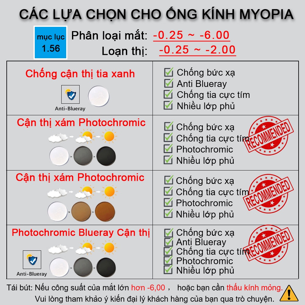 Kính cận Vuông VIENDO đổi màu chống ánh sáng xanh thời trang nam nữ có 0 ~ -6.0 độ