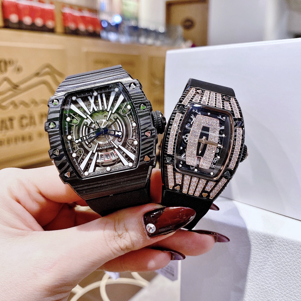 Đồng Hồ Nam Nữ Hanboro Nam Máy Automatic, Nữ Máy Pin , Dây Cao Su Màu Đen , Size 36mm/48mm fullbox