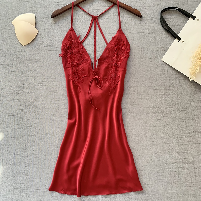Đầm Ngủ Hai Dây Hở Lưng Thêu Ren Có Mút Ngực Thời Trang Quyến Rũ Cho Nữ