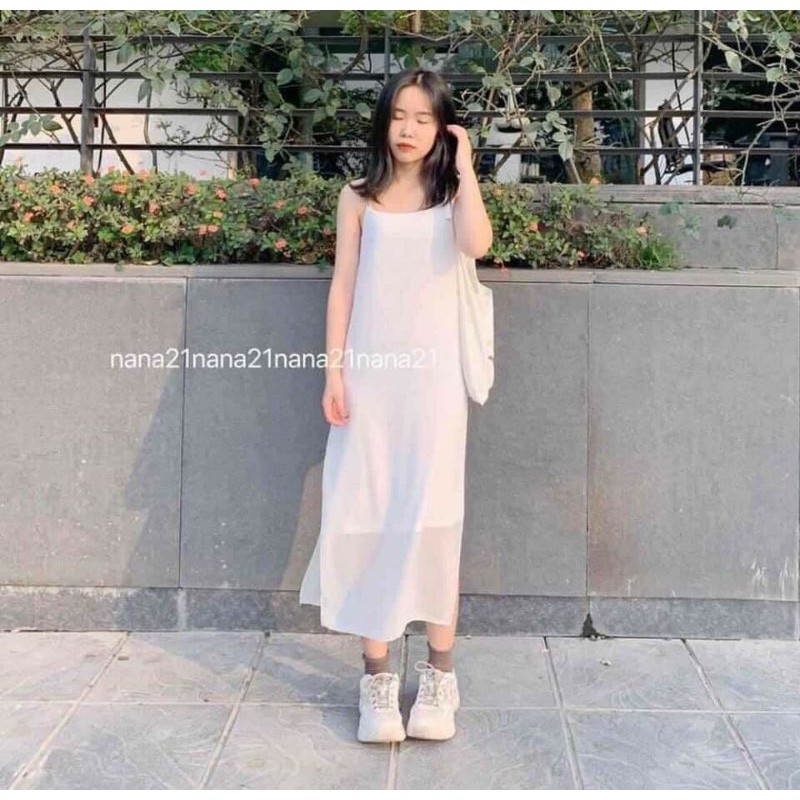 Đầm vôn phôm suông  dáng dài quá gối xẻ tà 2 lớp đẹp