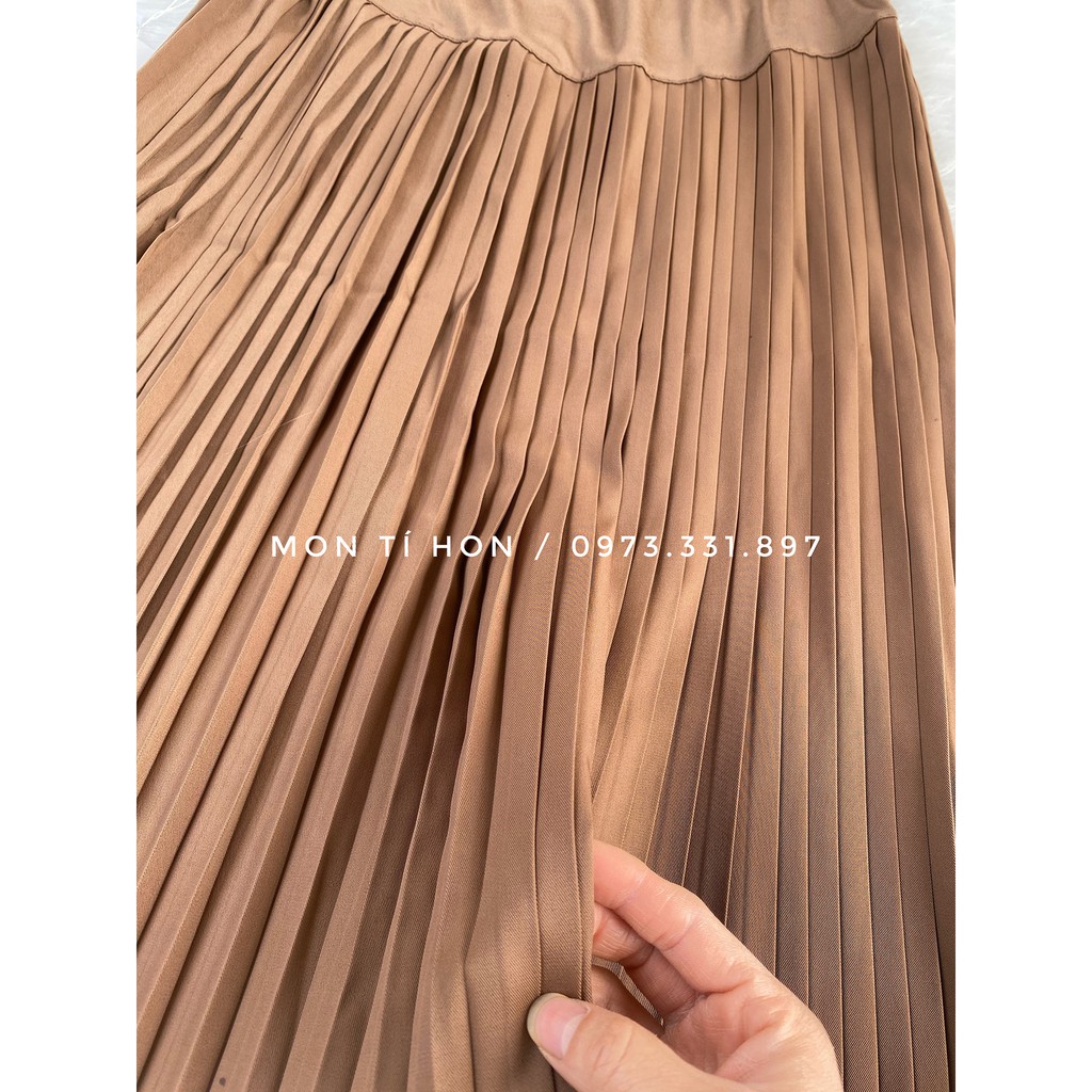 Chân váy bầu dài qua gối dập ly chất chéo Hàn có chun rút điều chỉnh bụng - Màu đen/nâu -  có size 45-75kg