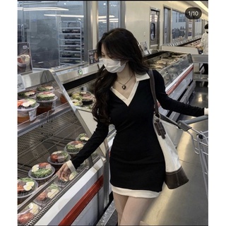 Đầm body đen tay dài viền trắng cổ bẻ