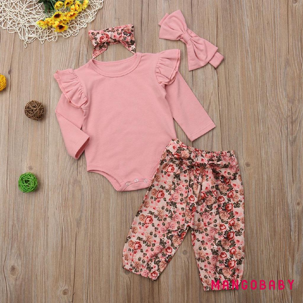 Set áo liền quần dài tay + quần legging dài in hoa và băng đô cho bé gái