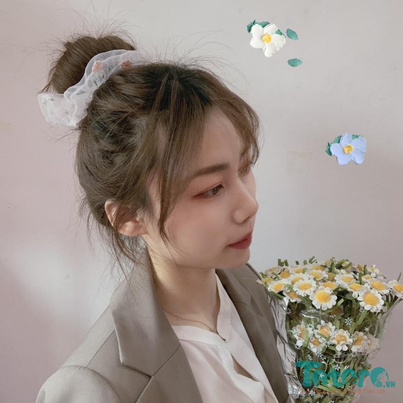 Thun buộc tóc Scrunchies trong suốt Hoa Cúc - Cầu Vồng - Hoa Sắc Màu - Hạt sắc màu Ánh kim Dâu Tây