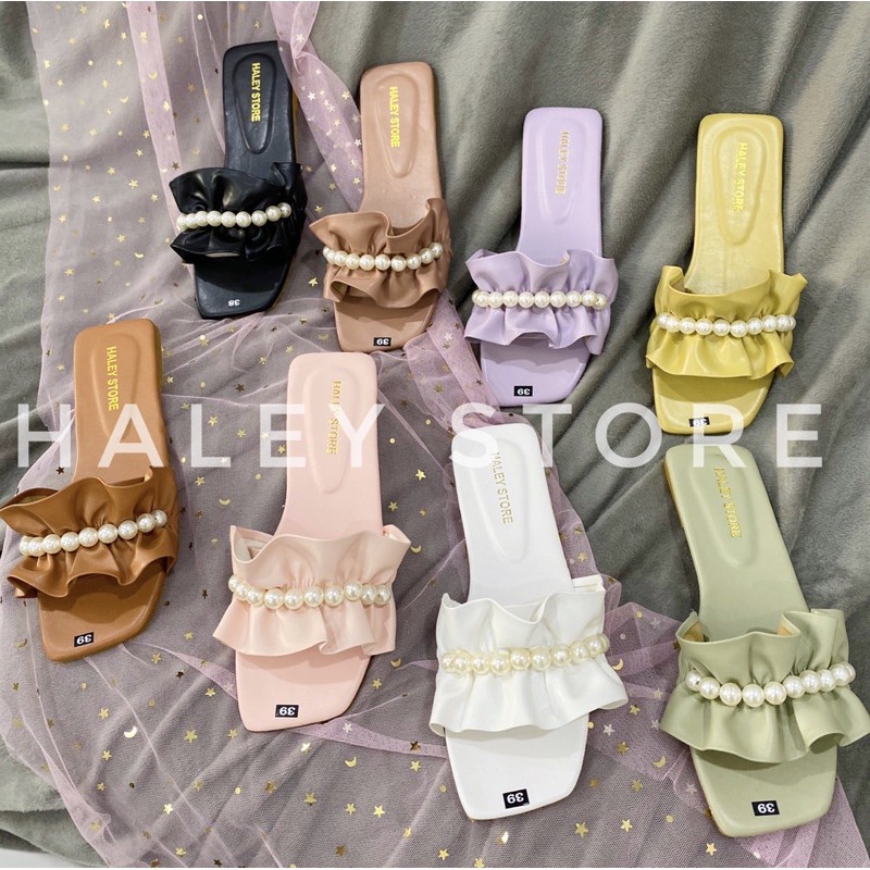 Dép nữ quai ngang bèo nhún nhúm đính ngọc châu đẹp hot đi chơi đi học đi biển đi trong nhà HALEY STORE